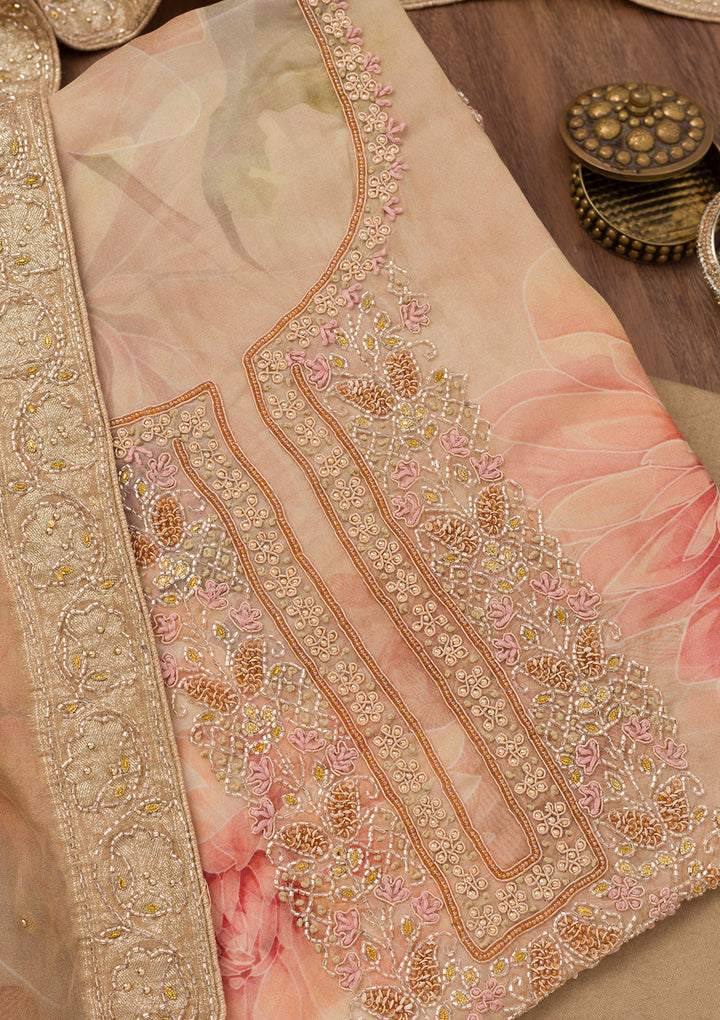 Beige Printed Tissue Unstitched Salwar Suit