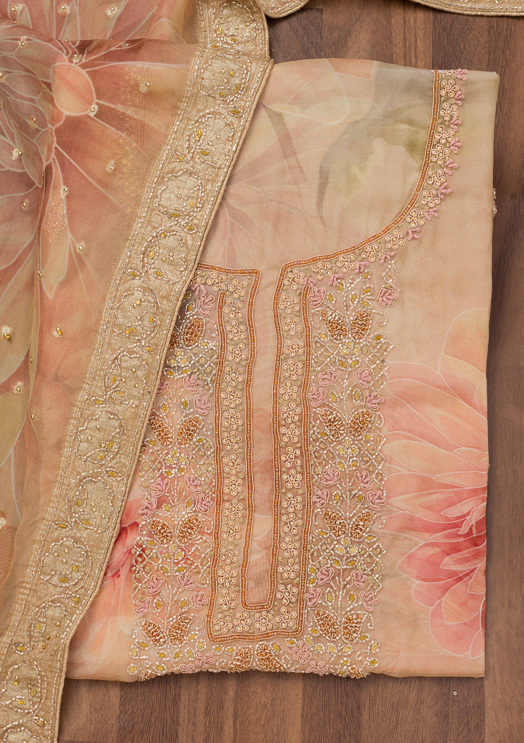 Beige Printed Tissue Unstitched Salwar Suit
