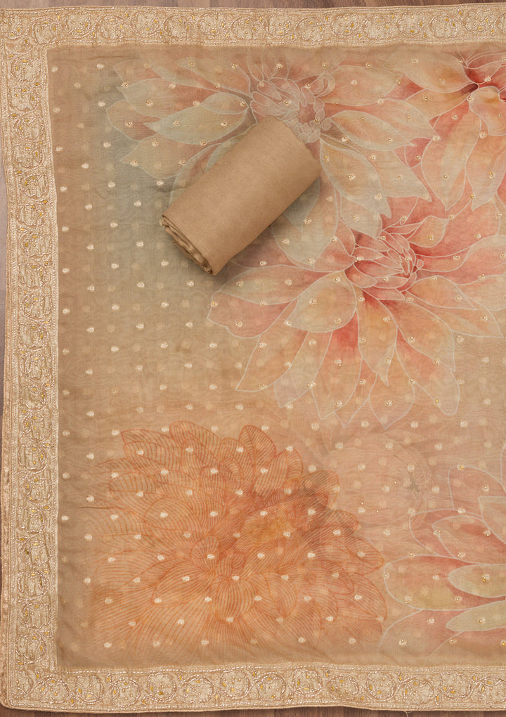 Beige Printed Tissue Unstitched Salwar Suit