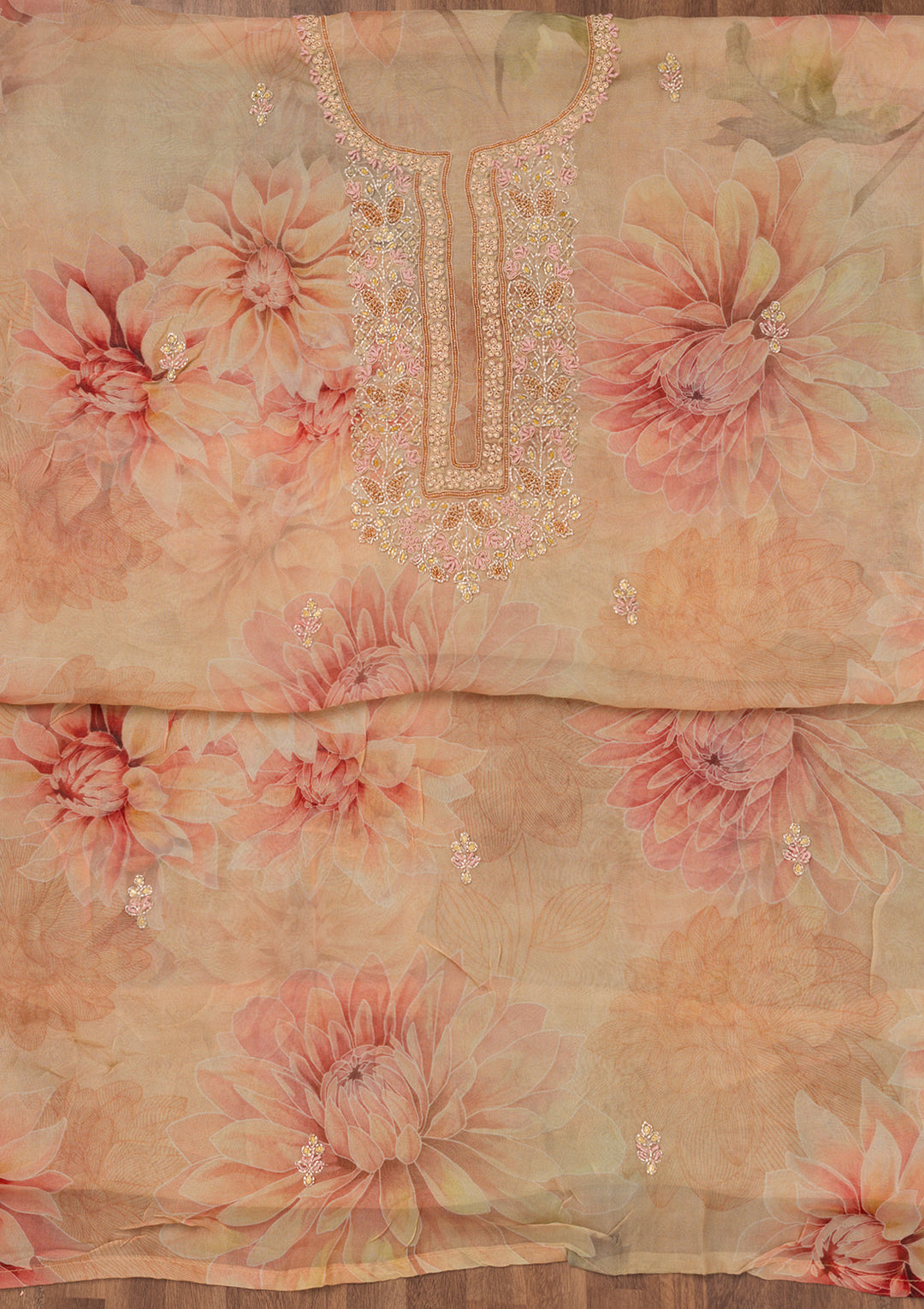 Beige Printed Tissue Unstitched Salwar Suit