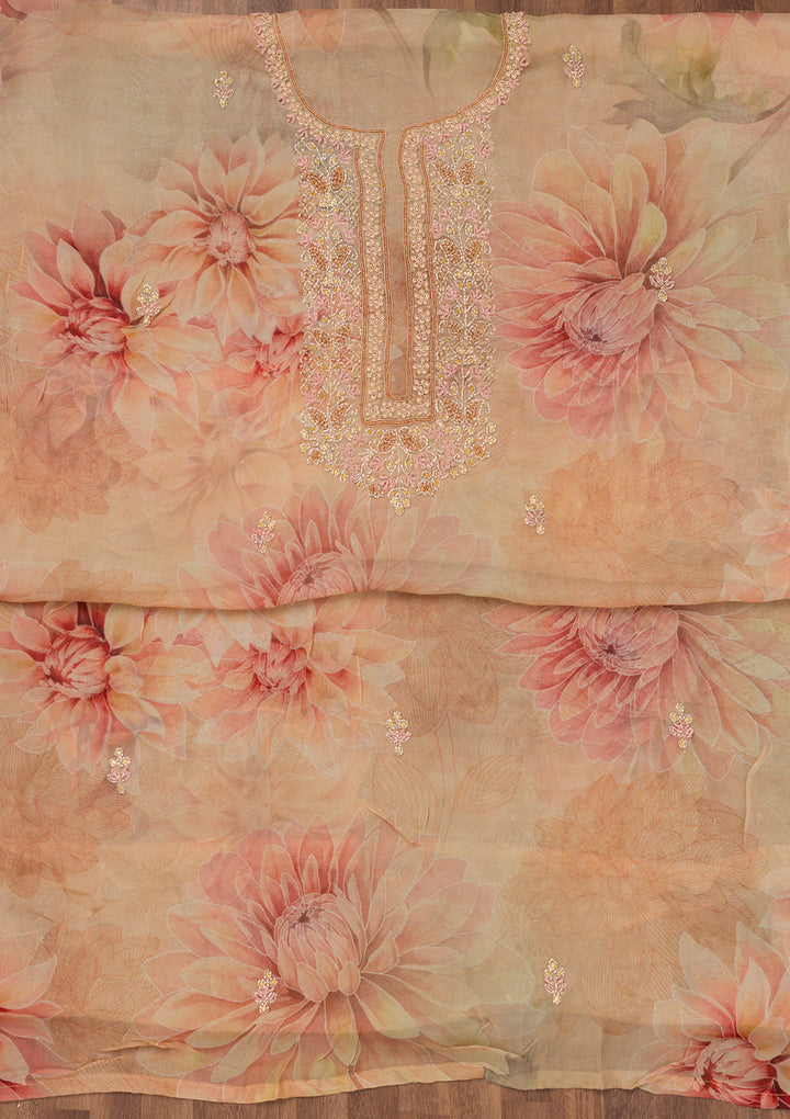 Beige Printed Tissue Unstitched Salwar Suit