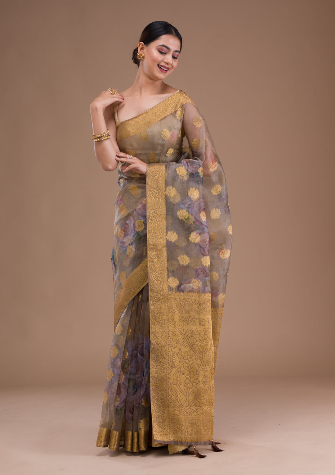 Beige Printed Tissue Saree