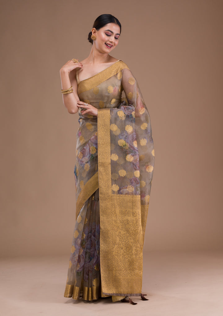Beige Printed Tissue Saree