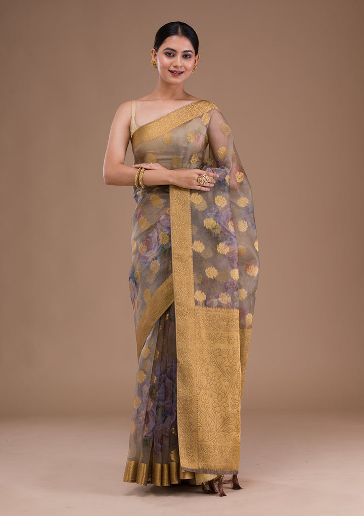 Beige Printed Tissue Saree
