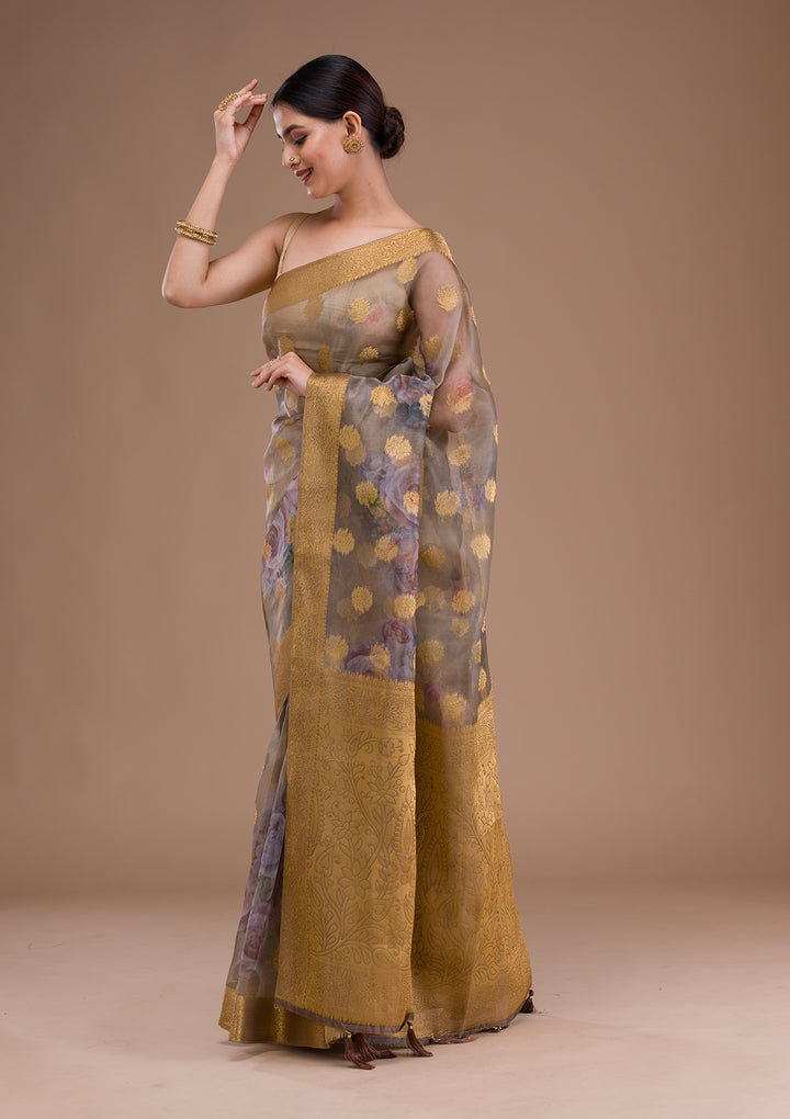 Beige Printed Tissue Saree