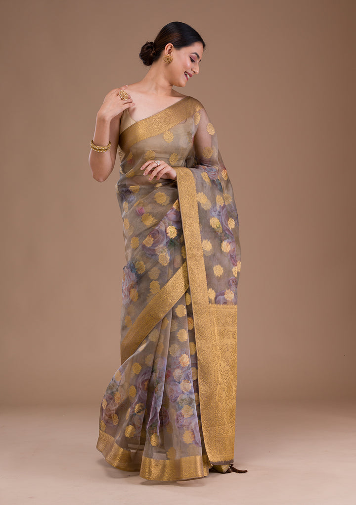 Beige Printed Tissue Saree