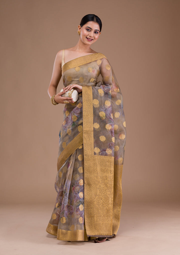 Beige Printed Tissue Saree