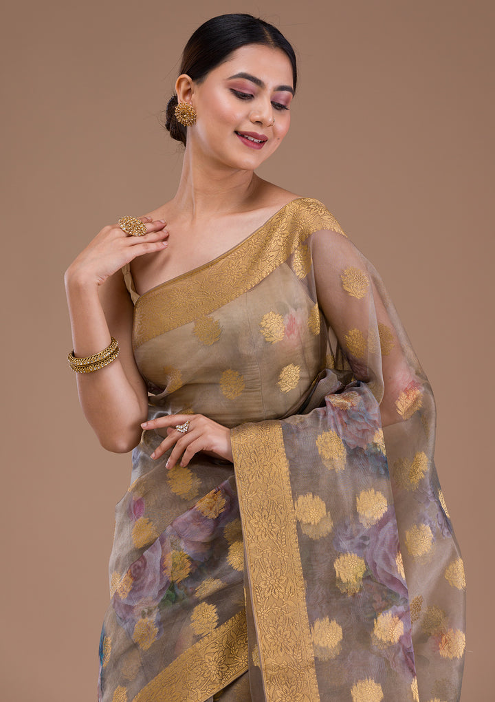 Beige Printed Tissue Saree
