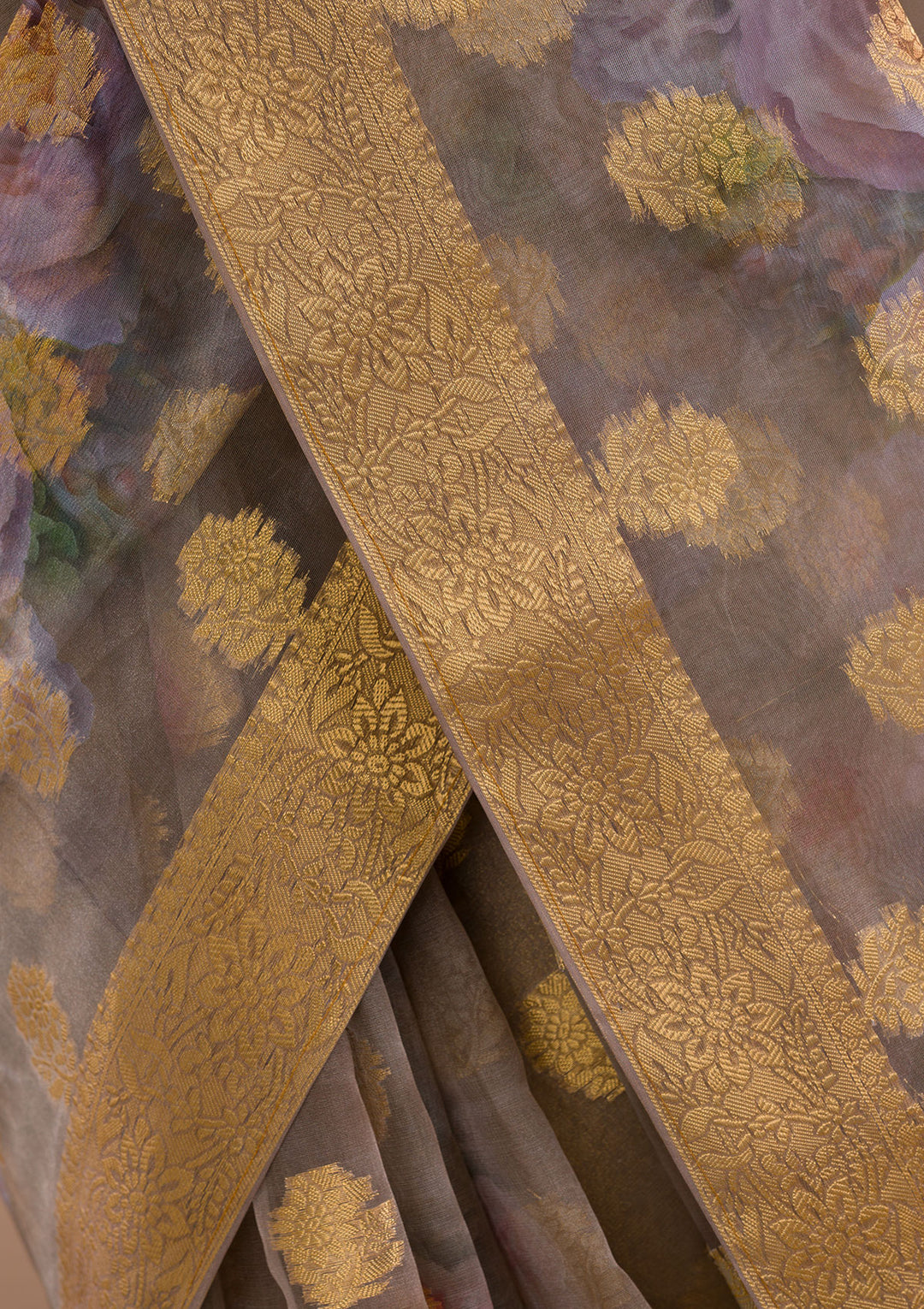 Beige Printed Tissue Saree