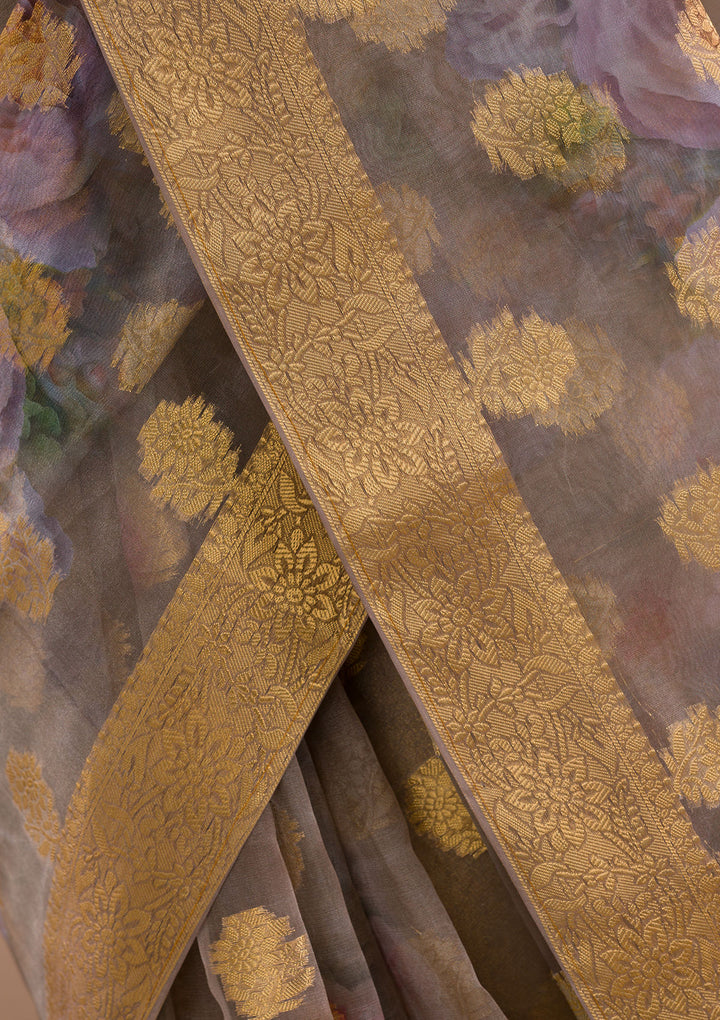 Beige Printed Tissue Saree