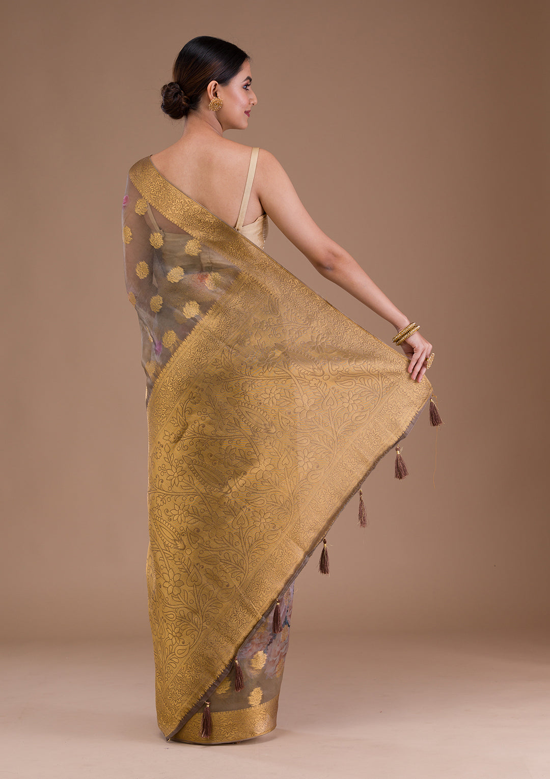 Beige Printed Tissue Saree
