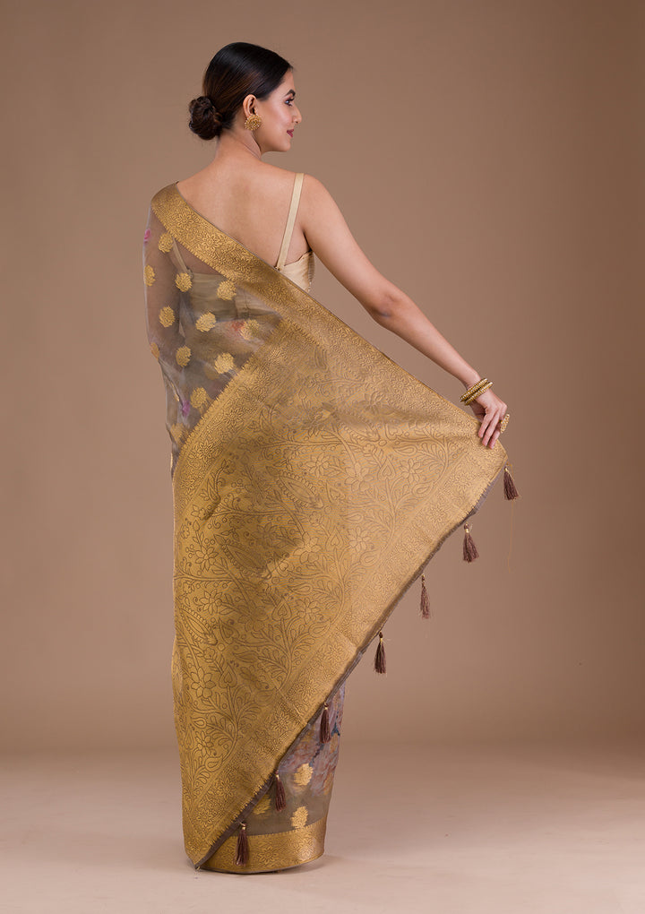 Beige Printed Tissue Saree