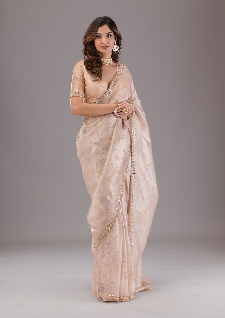 Beige Printed Tissue Saree