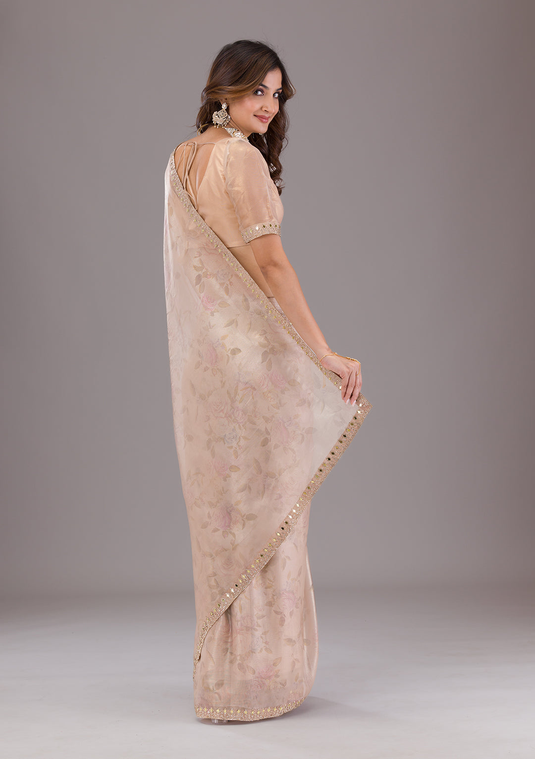 Beige Printed Tissue Saree