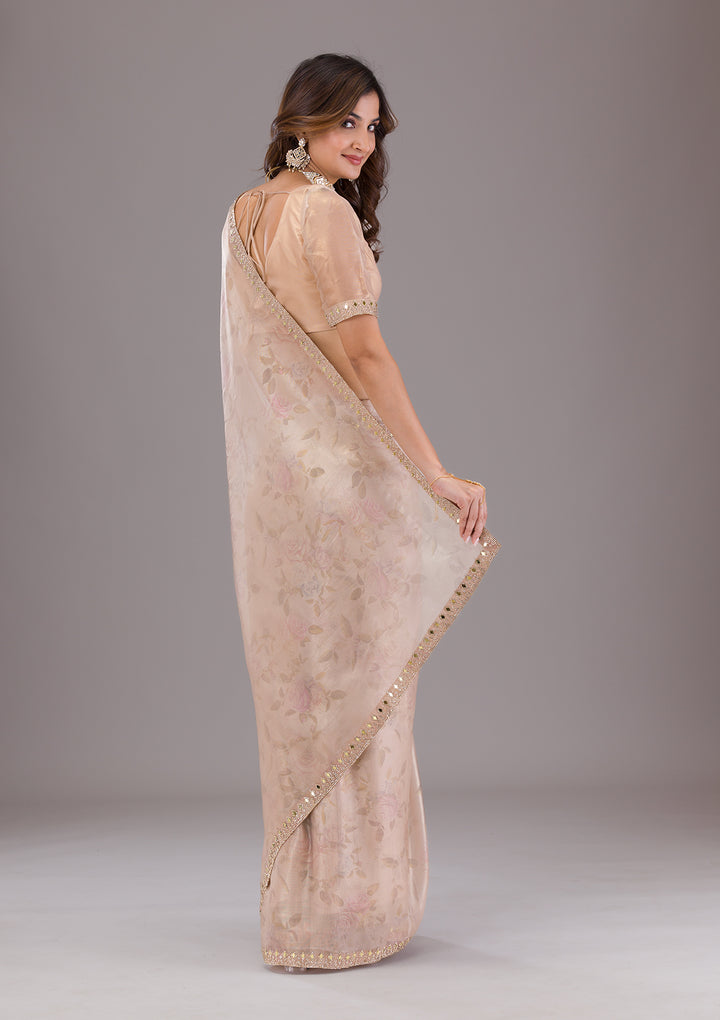 Beige Printed Tissue Saree