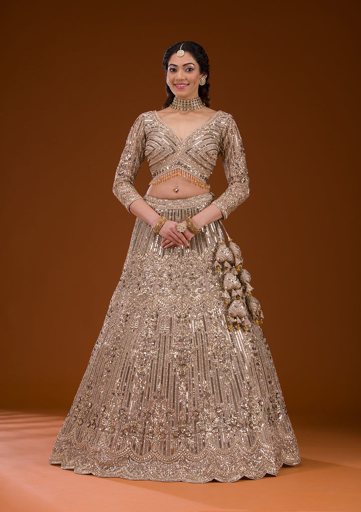 Beige Sequins Net Readymade Lehenga