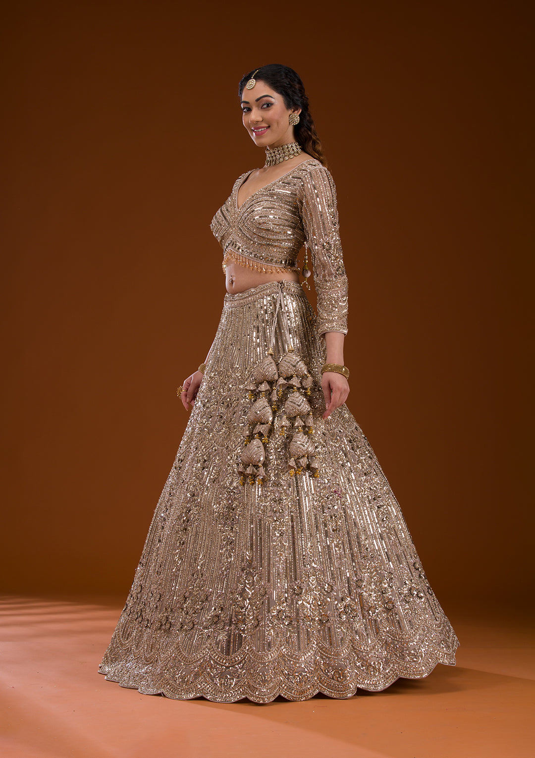 Beige Sequins Net Readymade Lehenga