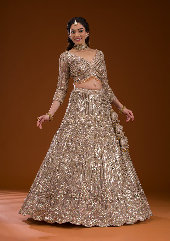 Beige Sequins Net Readymade Lehenga