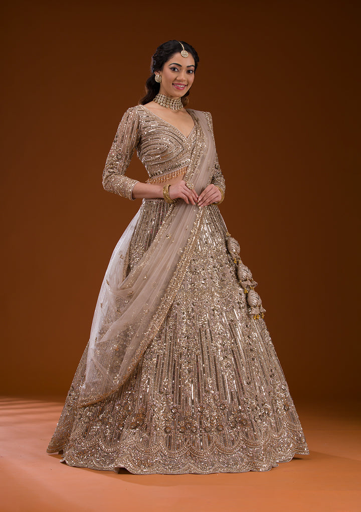 Beige Sequins Net Readymade Lehenga