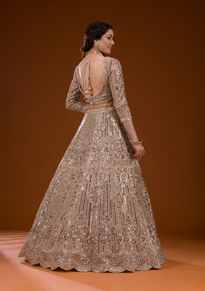 Beige Sequins Net Readymade Lehenga