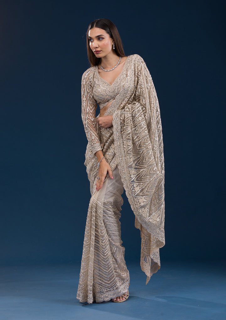 Beige Sequins Net Saree