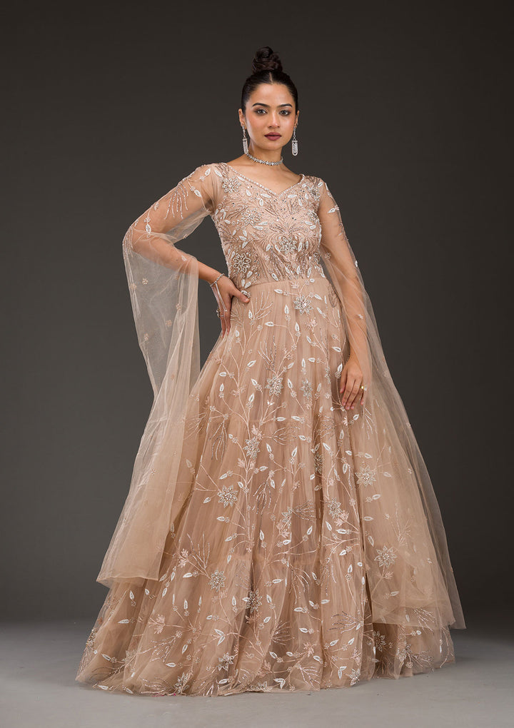 Beige Silver Stonework Net Gown