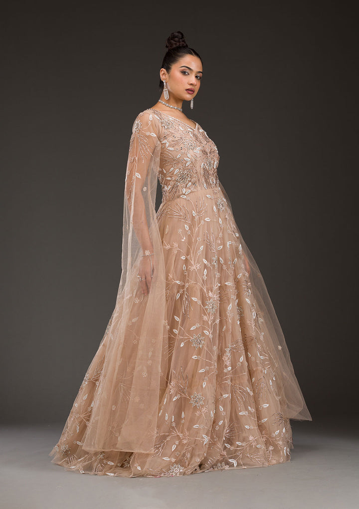 Beige Silver Stonework Net Gown