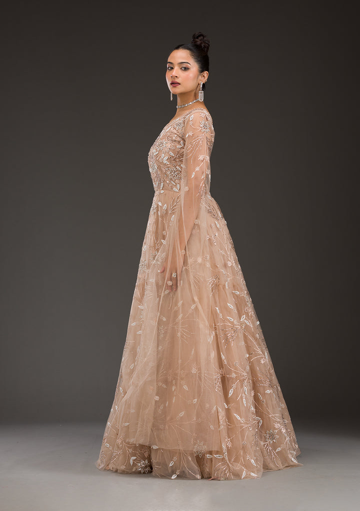 Beige Silver Stonework Net Gown