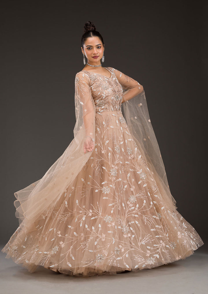 Beige Silver Stonework Net Gown