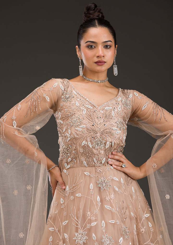 Beige Silver Stonework Net Gown