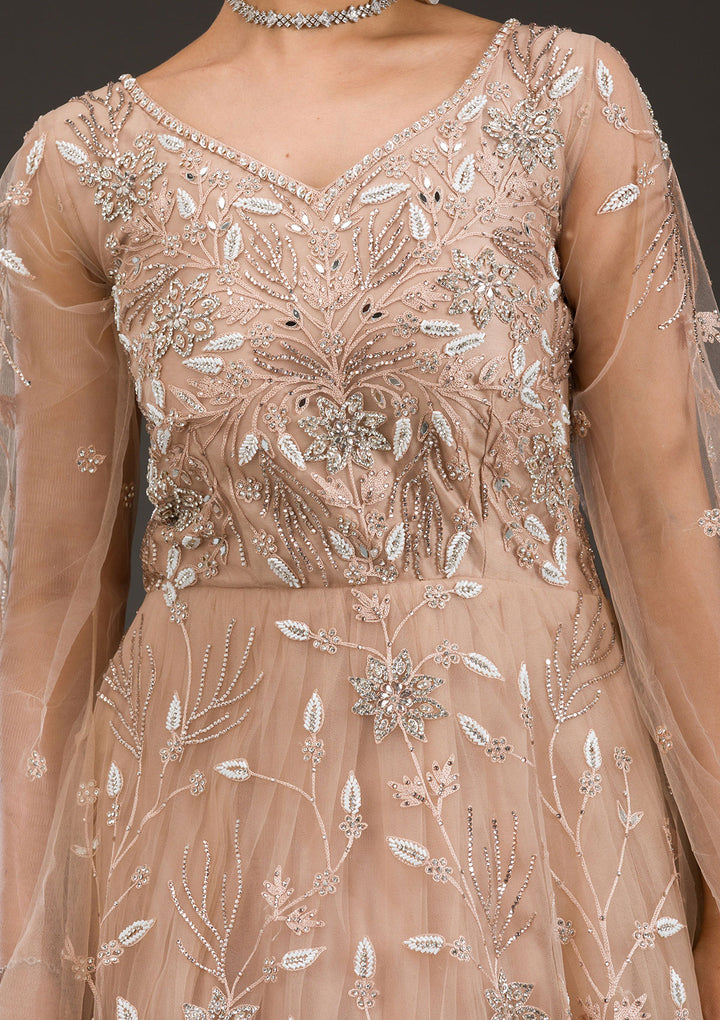 Beige Silver Stonework Net Gown
