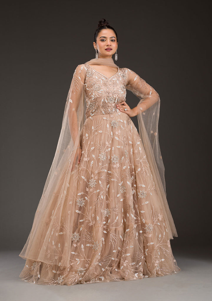 Beige Silver Stonework Net Gown