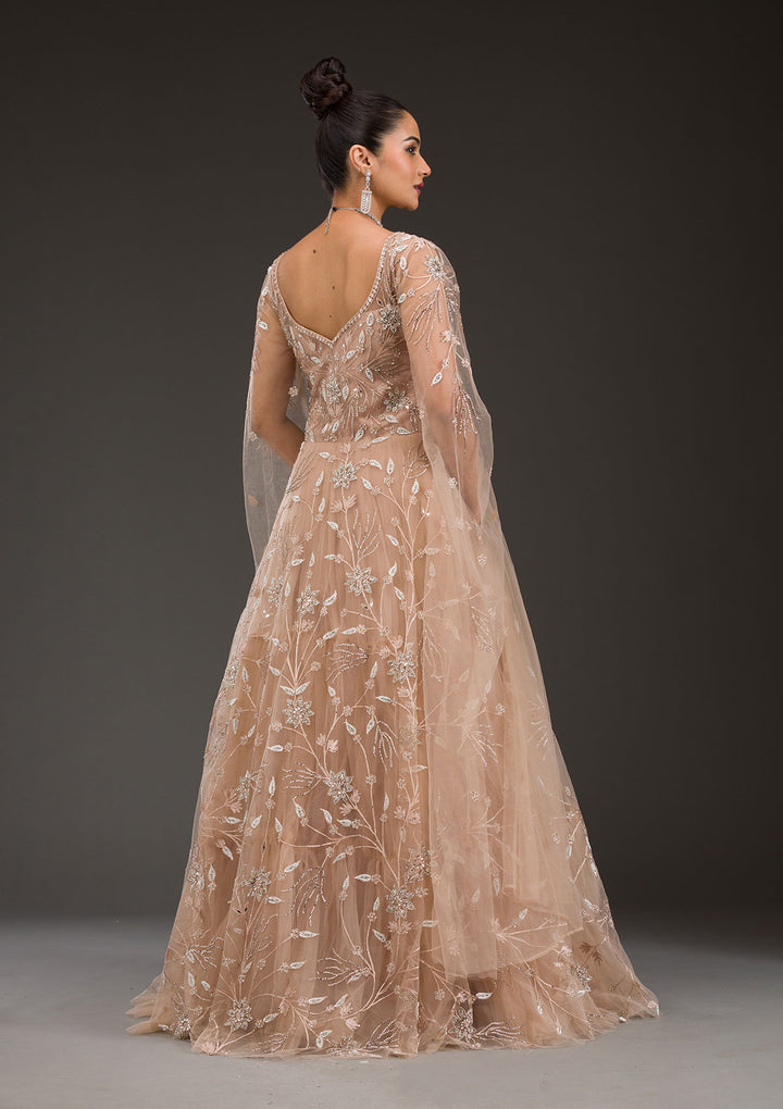 Beige Silver Stonework Net Gown