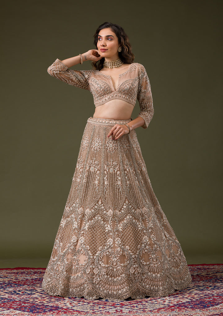 Beige Silver Stonework Net Readymade Lehenga