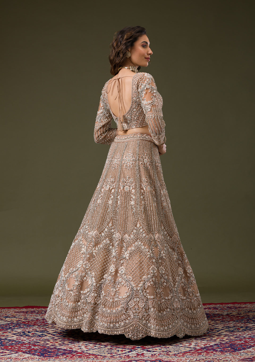 Beige Silver Stonework Net Readymade Lehenga