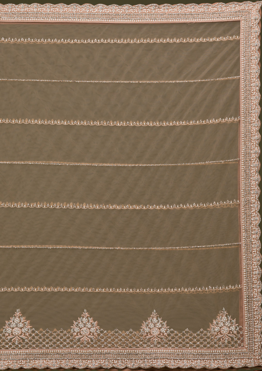 Beige Silver Stonework Net Readymade Lehenga