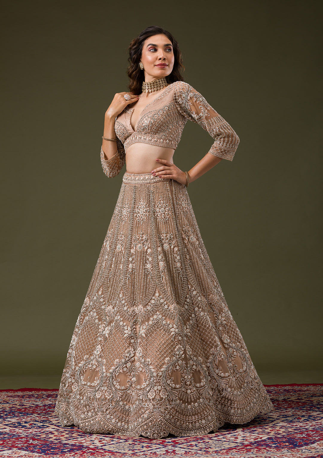 Beige Silver Stonework Net Readymade Lehenga