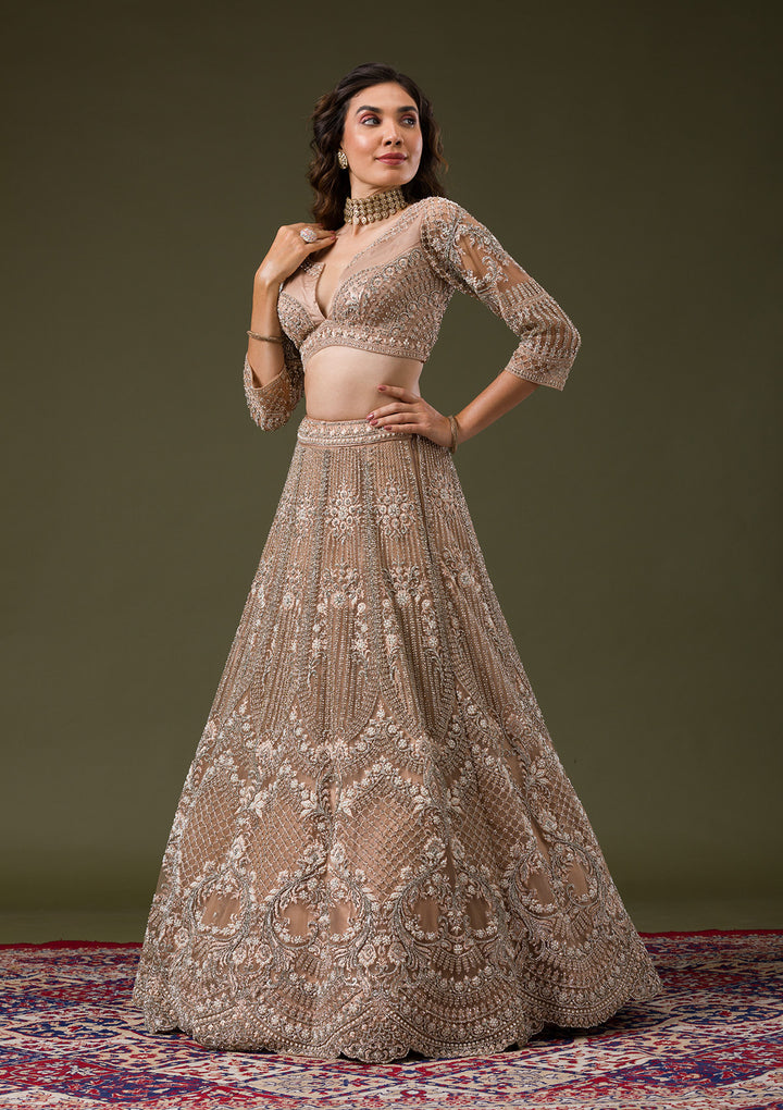 Beige Silver Stonework Net Readymade Lehenga