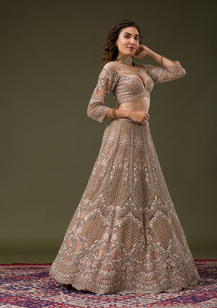 Beige Silver Stonework Net Readymade Lehenga