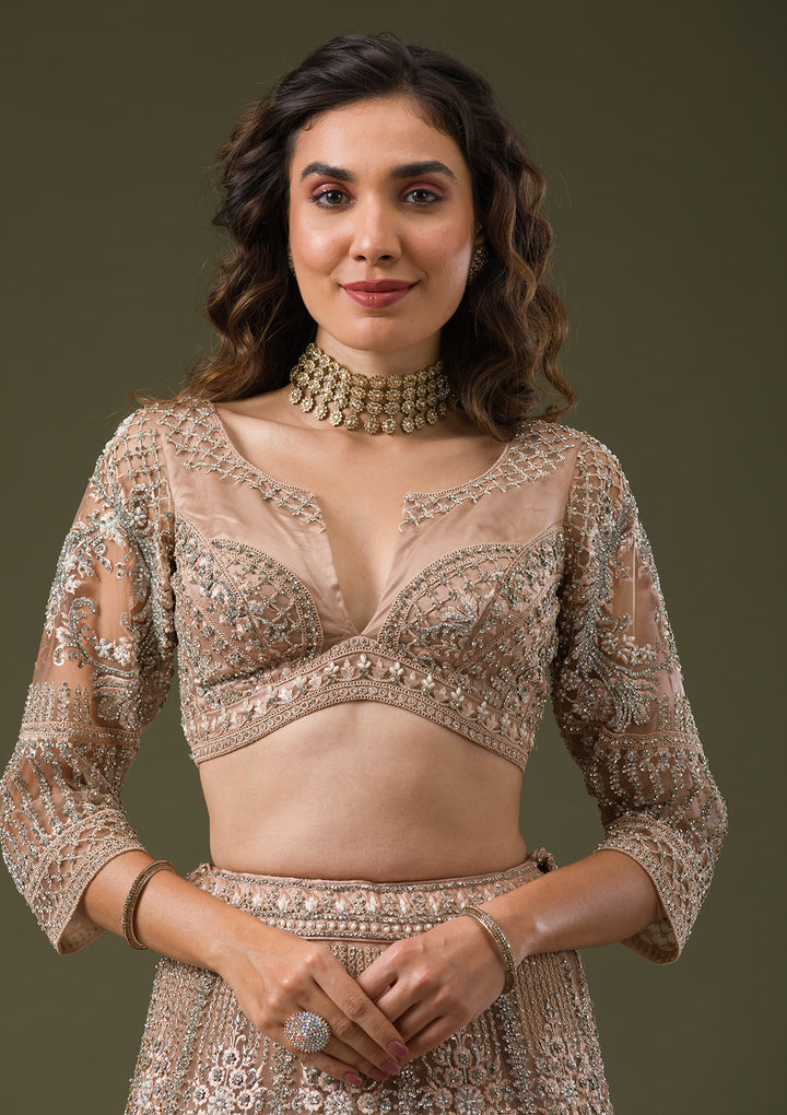 Beige Silver Stonework Net Readymade Lehenga