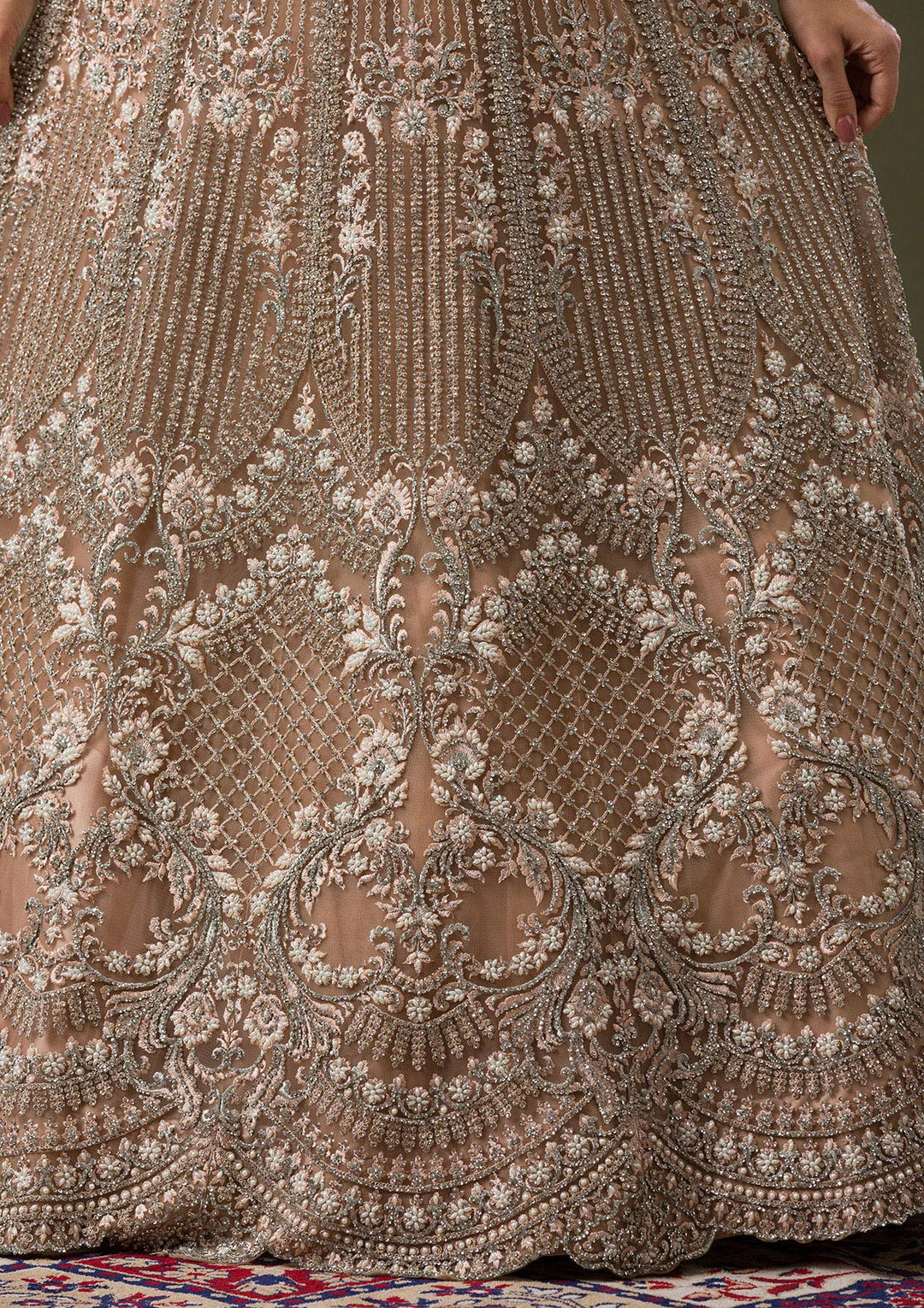 Beige Silver Stonework Net Readymade Lehenga