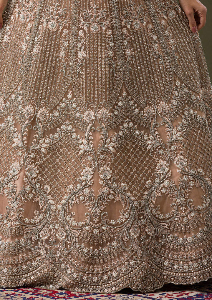 Beige Silver Stonework Net Readymade Lehenga