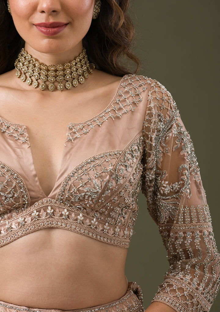 Beige Silver Stonework Net Readymade Lehenga