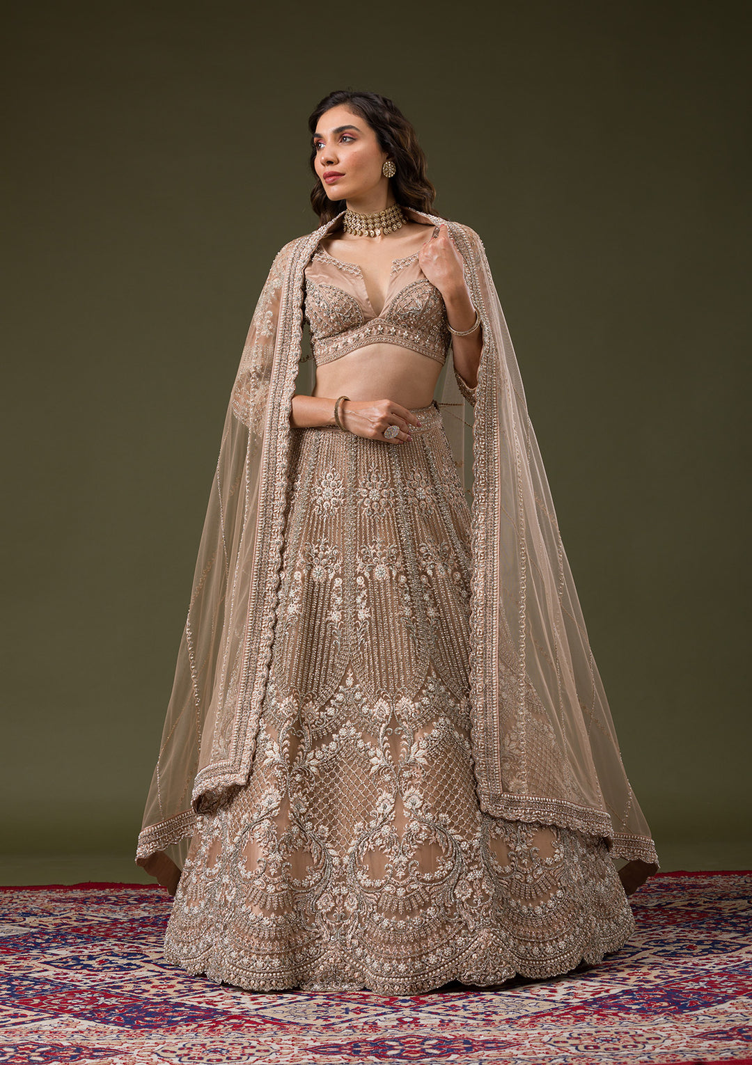 Beige Silver Stonework Net Readymade Lehenga