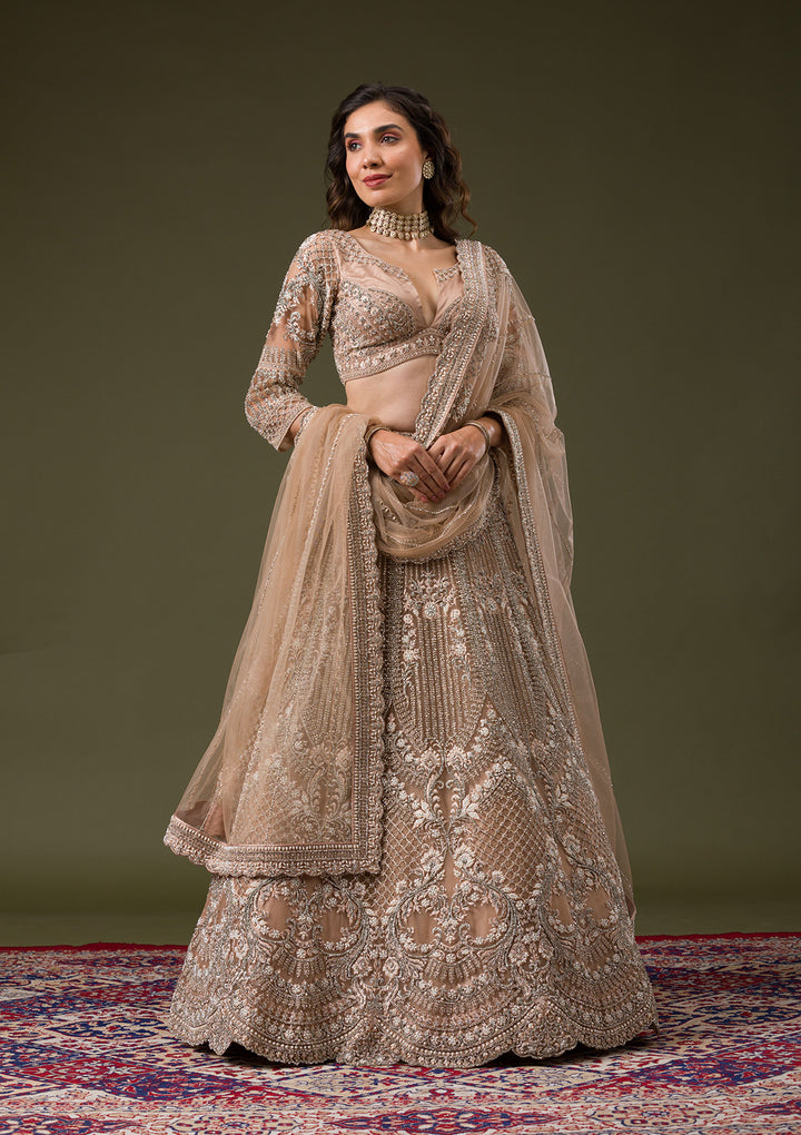 Beige Silver Stonework Net Readymade Lehenga