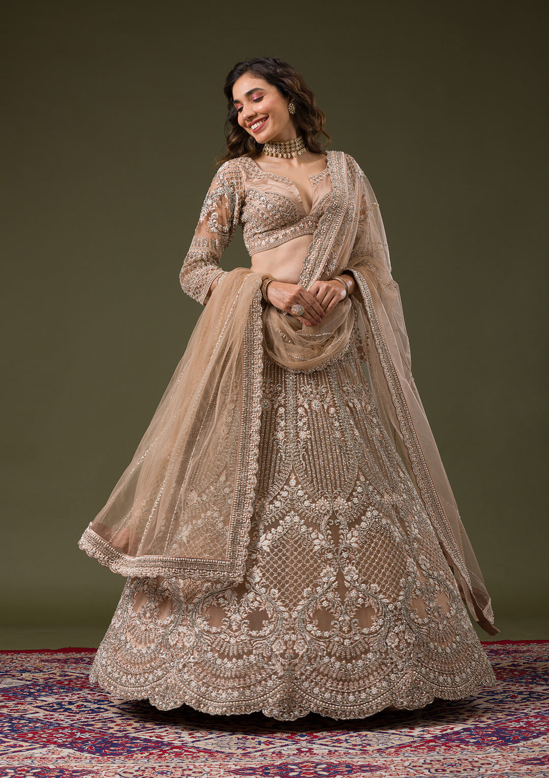 Beige Silver Stonework Net Readymade Lehenga