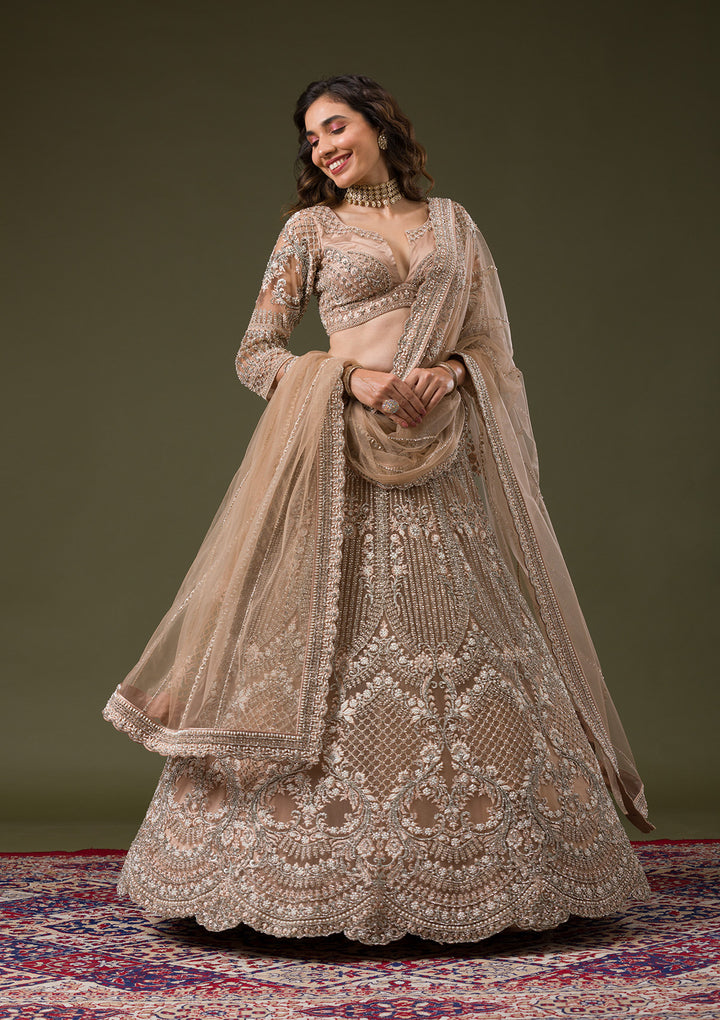 Beige Silver Stonework Net Readymade Lehenga