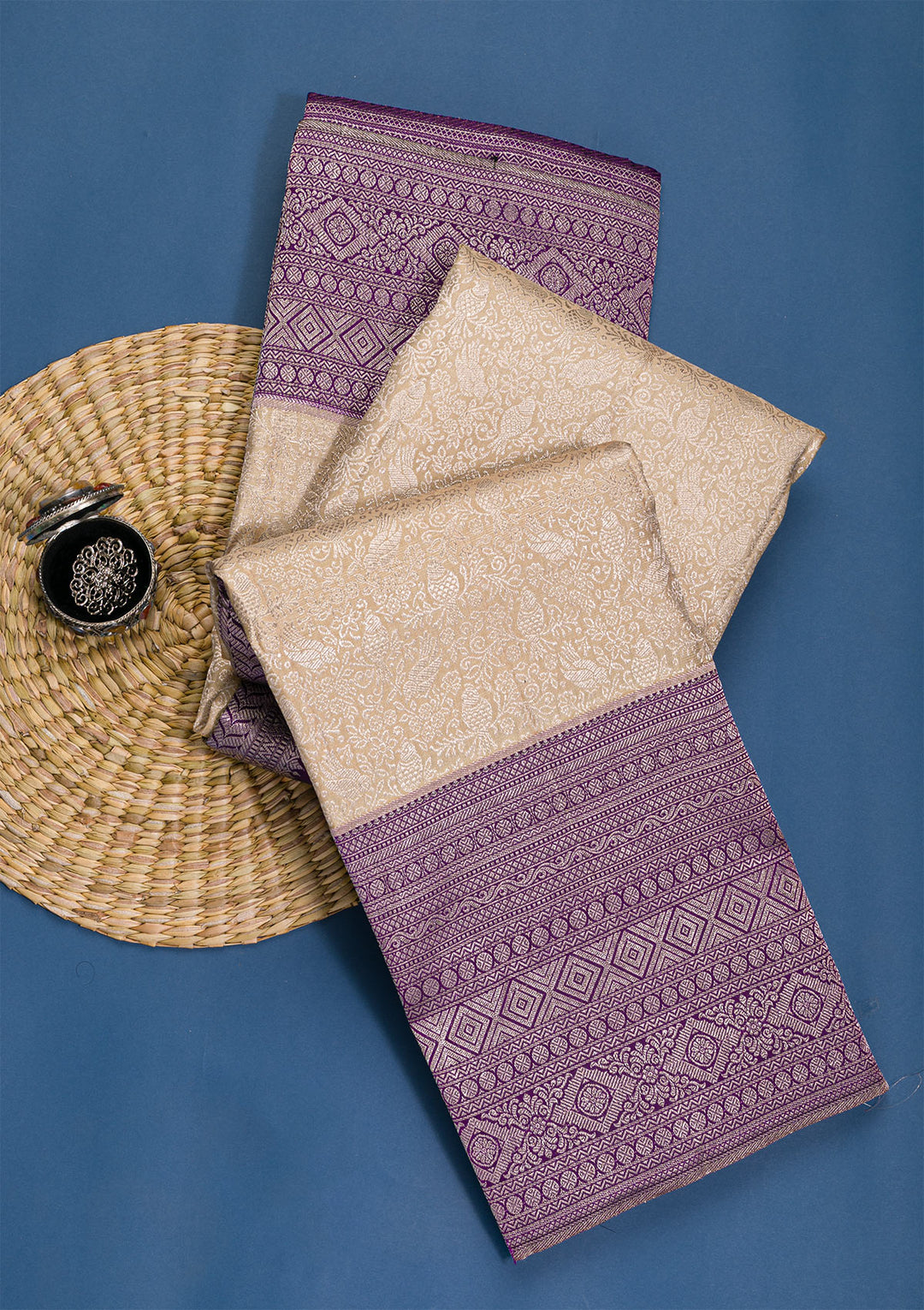Beige Silver Zariwork Pure Silk Saree-Koskii