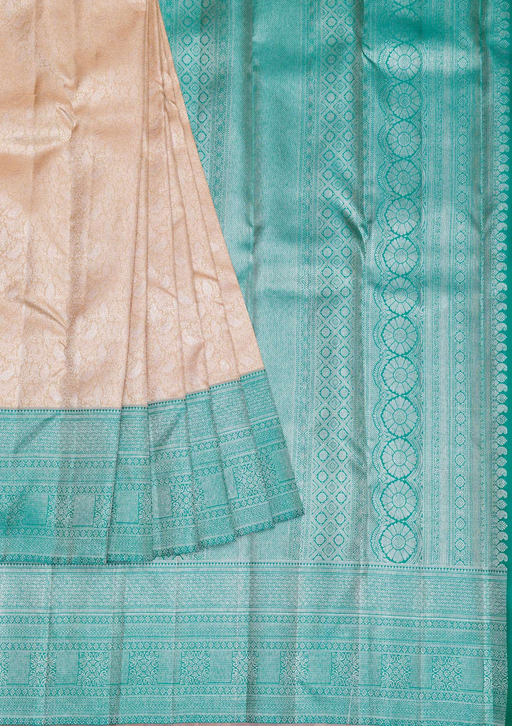 Beige Silver Zariwork Kanjivaram Pure Silk Saree