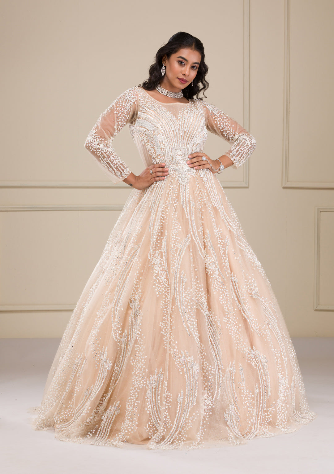 Beige Stonework Net Gown